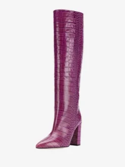 Bottes hauteur genou à talons épais et imprimé croco pour femmes