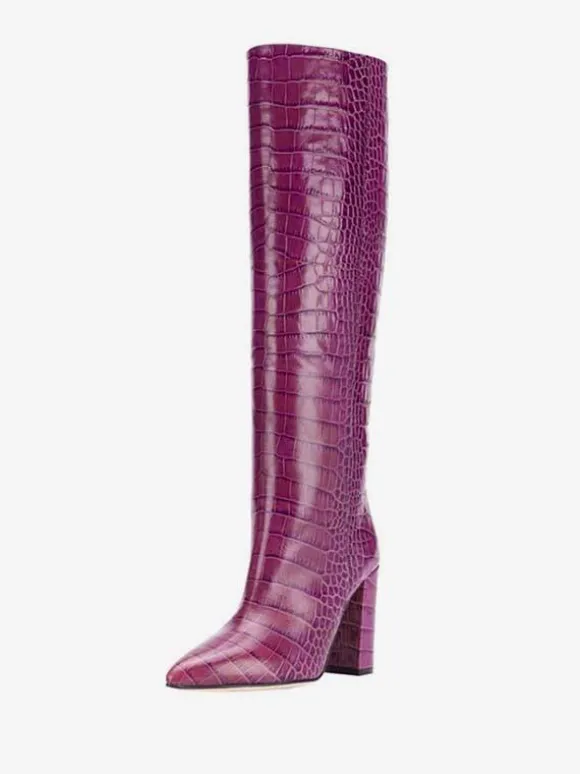 Bottes hauteur genou à talons épais et imprimé croco pour femmes
