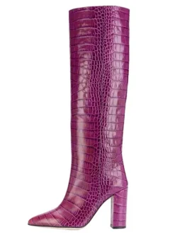 Bottes hauteur genou à talons épais et imprimé croco pour femmes