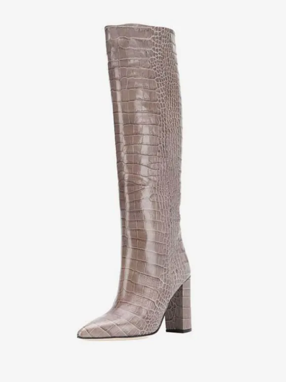 Bottes hauteur genou à talons épais et imprimé croco pour femmes