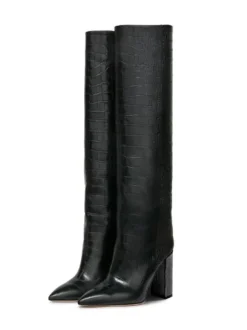 Bottes hauteur genou à talons épais et imprimé croco pour femmes