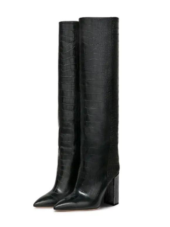Bottes hauteur genou à talons épais et imprimé croco pour femmes