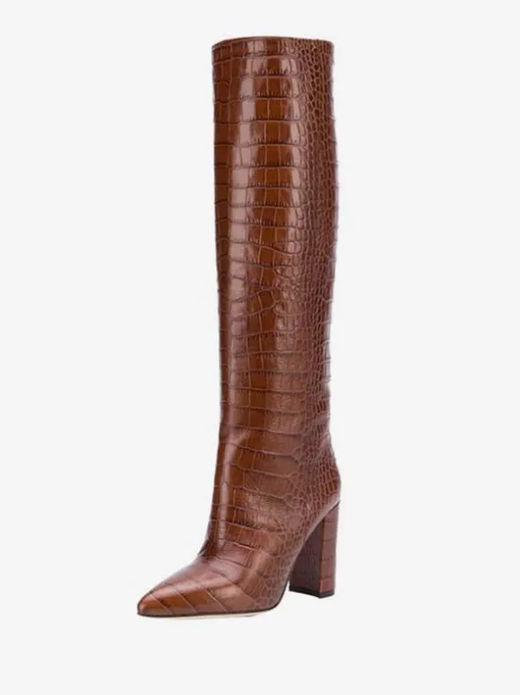 Bottes hauteur genou à talons épais et imprimé croco pour femmes