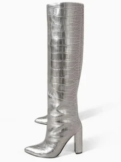 Bottes hauteur genou à talons épais et imprimé croco pour femmes