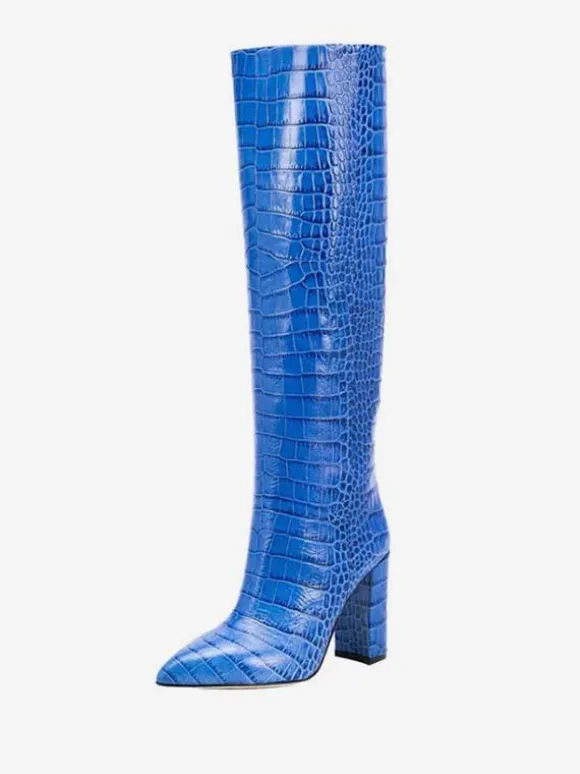 Bottes hauteur genou à talons épais et imprimé croco pour femmes