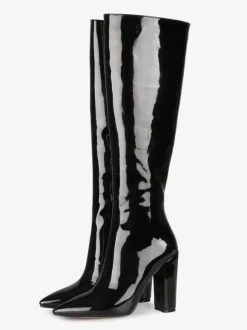 Bottes hauteur genou cuir noir bout pointu cuir brillant talon épais bottes longueur genou pour femme