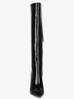 Bottes hauteur genou cuir noir bout pointu cuir brillant talon épais bottes longueur genou pour femme