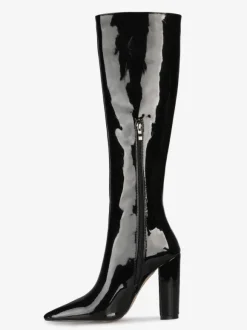 Bottes hauteur genou cuir noir bout pointu cuir brillant talon épais bottes longueur genou pour femme