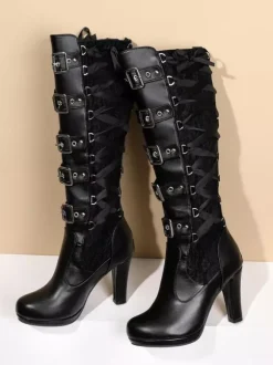 Bottes hauteur genou en cuir PU à talons épais pour femmes