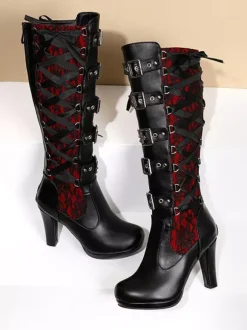 Bottes hauteur genou en cuir PU à talons épais pour femmes