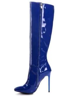 Bottes hauteur genou femme bleu verni bout pointu talon aiguille quotidien décontracté bottes d'hiver en cuir brillant