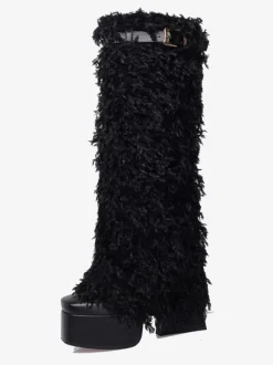 Bottes hauteur genou noires avec boucle à plateforme et détails en fausse fourrure