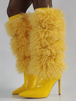 Bottes jaunes hautes en fausse fourrure à bout pointu et talons hauts
