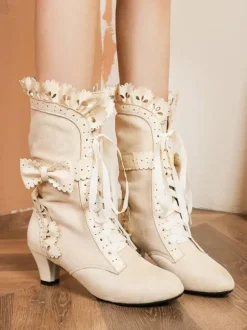 Bottes Lolita Bows Talon chaton Bout rond Lacets Chaussures Lolita