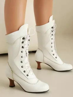 Bottes Lolita classiques style vintage bout rond en cuir PU chaussures Lolita noires