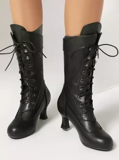 Bottes Lolita classiques style vintage bout rond en cuir PU chaussures Lolita noires