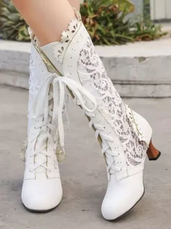 Bottes Lolita classiques en dentelle bout rond en cuir PU chaussures Lolita noires