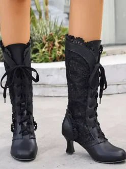 Bottes Lolita classiques en dentelle bout rond en cuir PU chaussures Lolita noires