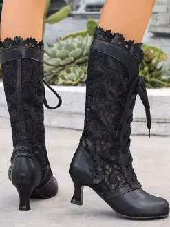 Bottes Lolita classiques en dentelle bout rond en cuir PU chaussures Lolita noires
