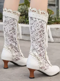 Bottes Lolita classiques en dentelle bout rond en cuir PU chaussures Lolita noires