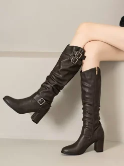 Bottes Lolita classiques à 艙illets noirs et bout rond en cuir PU Chaussures Lolita