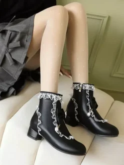 Bottes Lolita de style ROCOCO n艙uds blancs volants perles bout rond chaussures Lolita en cuir PU