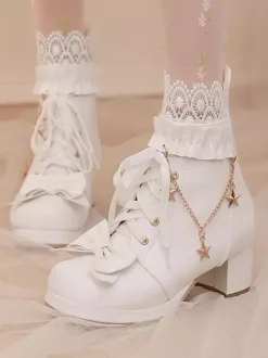 Bottes Lolita douces en cuir PU avec n艙uds et bout rond Chaussures Lolita roses