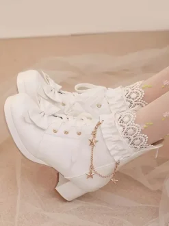 Bottes Lolita douces en cuir PU avec n艙uds et bout rond Chaussures Lolita roses