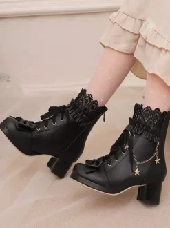 Bottes Lolita douces en cuir PU avec n艙uds et bout rond Chaussures Lolita roses
