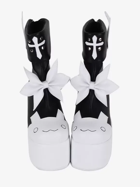 Bottes Lolita douces papillon rouge bicolore bout rond chaussures Lolita en cuir PU