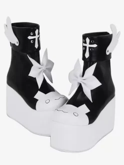 Bottes Lolita douces papillon rouge bicolore bout rond chaussures Lolita en cuir PU
