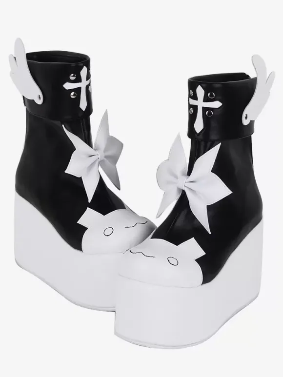 Bottes Lolita douces papillon rouge bicolore bout rond chaussures Lolita en cuir PU