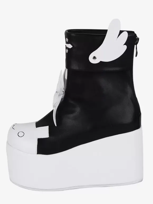 Bottes Lolita douces papillon rouge bicolore bout rond chaussures Lolita en cuir PU