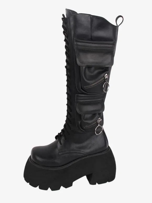 Bottes Lolita Gothiques Cuir PU PU Bout Rond Chaussures Lolita Noires