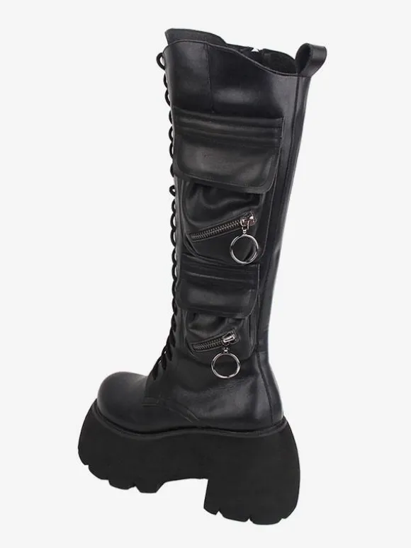 Bottes Lolita Gothiques Cuir PU PU Bout Rond Chaussures Lolita Noires