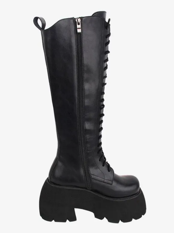 Bottes Lolita Gothiques Cuir PU PU Bout Rond Chaussures Lolita Noires
