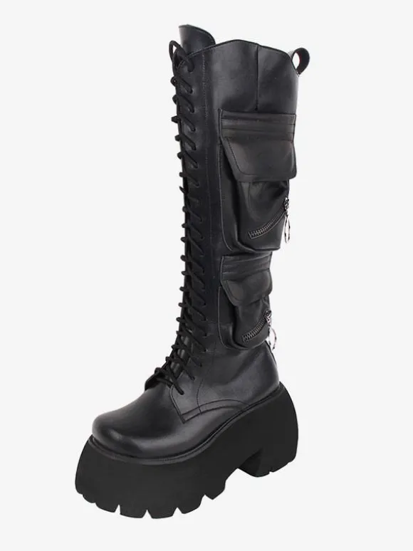 Bottes Lolita Gothiques Cuir PU PU Bout Rond Chaussures Lolita Noires