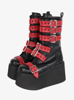 Bottes Lolita Gothiques Cuir PU 艗illets Bicolores Bout Rond Chaussures Lolita Noires