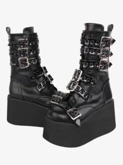 Bottes Lolita Gothiques Cuir PU 艗illets Bicolores Bout Rond Chaussures Lolita Noires