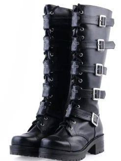 Bottes Lolita noirs à talons épais avec boucles Déguisements Halloween