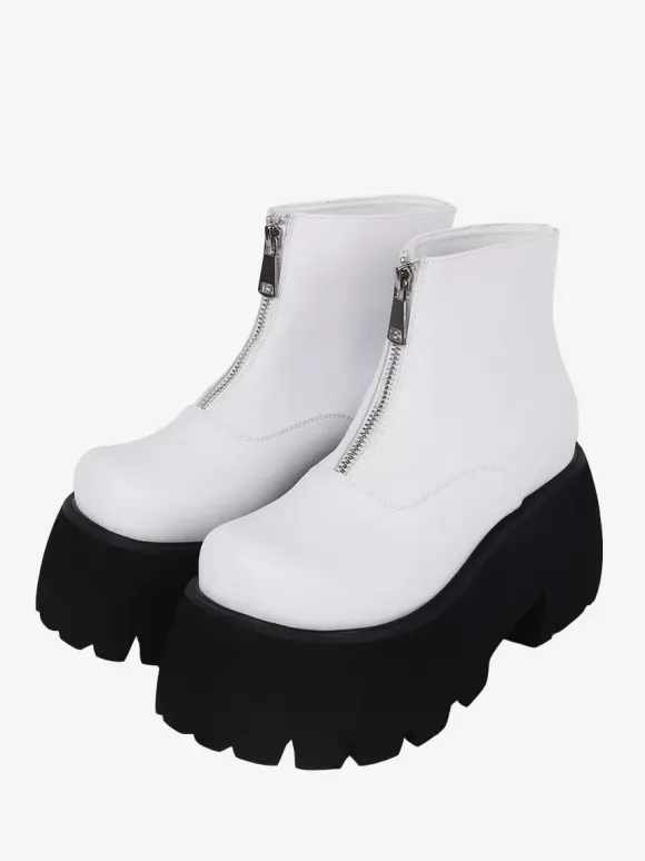 Bottes Lolita Steampunk Détails en métal blanc Chaussures Lolita en cuir PU à bout rond métallique