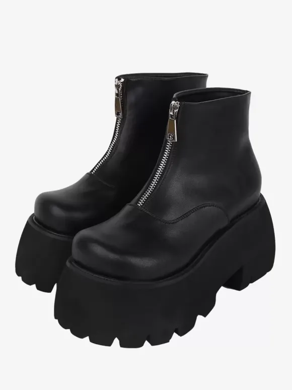 Bottes Lolita Steampunk Détails en métal blanc Chaussures Lolita en cuir PU à bout rond métallique