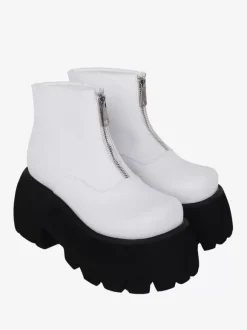 Bottes Lolita Steampunk Détails en métal blanc Chaussures Lolita en cuir PU à bout rond métallique