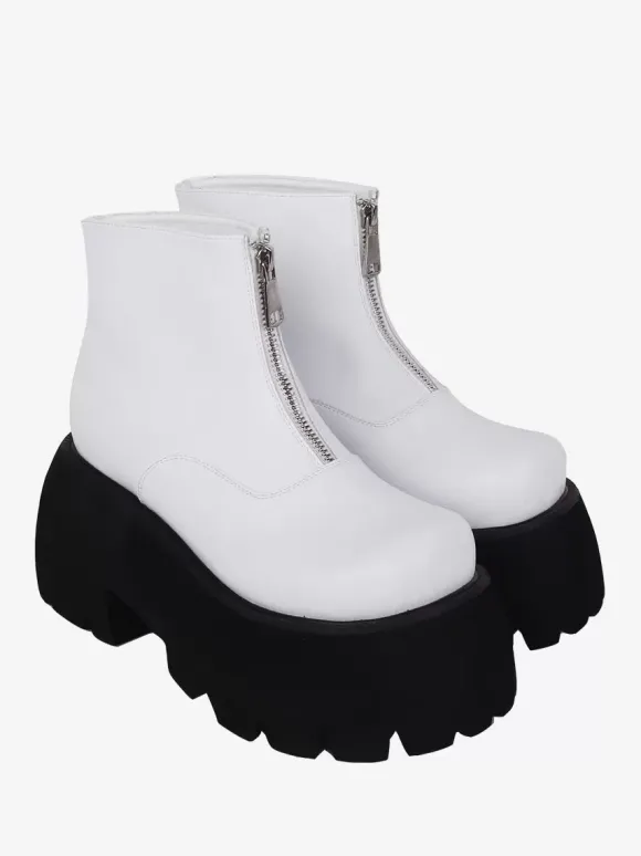 Bottes Lolita Steampunk Détails en métal blanc Chaussures Lolita en cuir PU à bout rond métallique