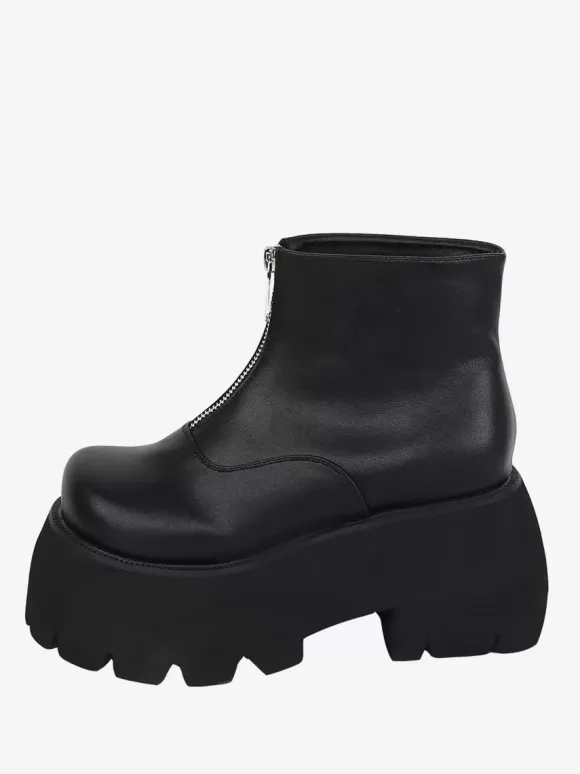 Bottes Lolita Steampunk Détails en métal blanc Chaussures Lolita en cuir PU à bout rond métallique