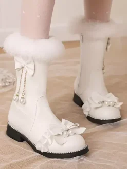 Bottes Lolita Sweet Bows noires Bout rond Chaussures Lolita en cuir PU