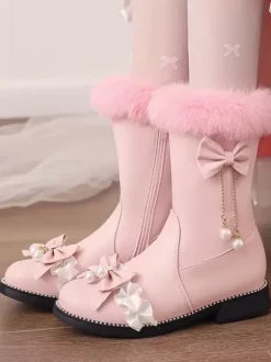 Bottes Lolita Sweet Bows noires Bout rond Chaussures Lolita en cuir PU