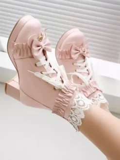 Bottes Lolita Sweet Chaussures Lolita en cuir PU à bout rond blanc