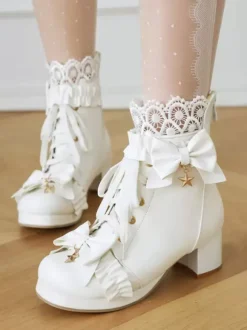 Bottes Lolita Sweet Chaussures Lolita en cuir PU à bout rond blanc