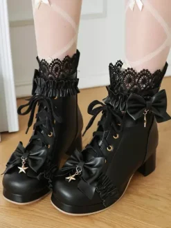 Bottes Lolita Sweet Chaussures Lolita en cuir PU à bout rond blanc